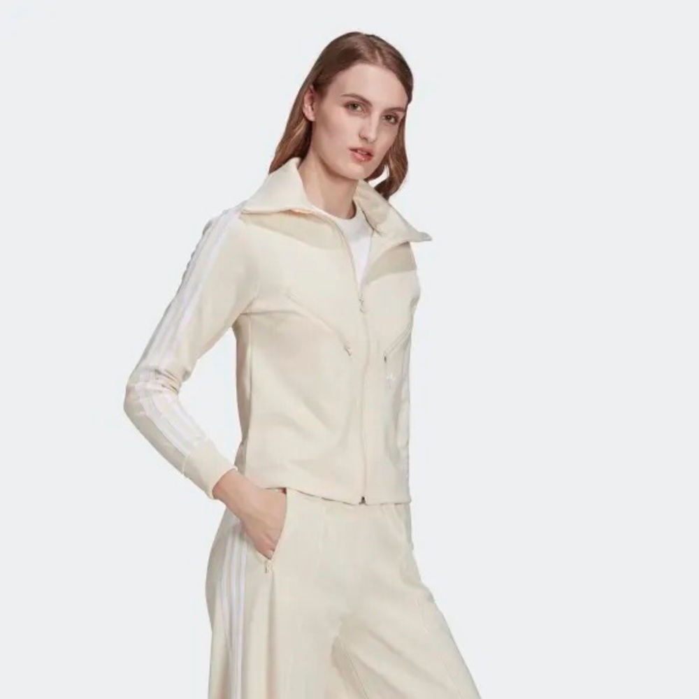 adidas Cream Zip-Front Track Jacket with White Stripes